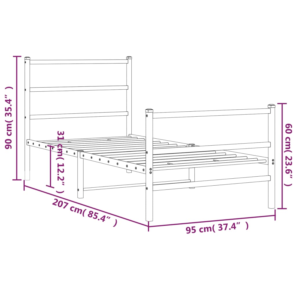 Metalni okvir kreveta s uzglavljem i podnožjem crni 90 x 200 cm