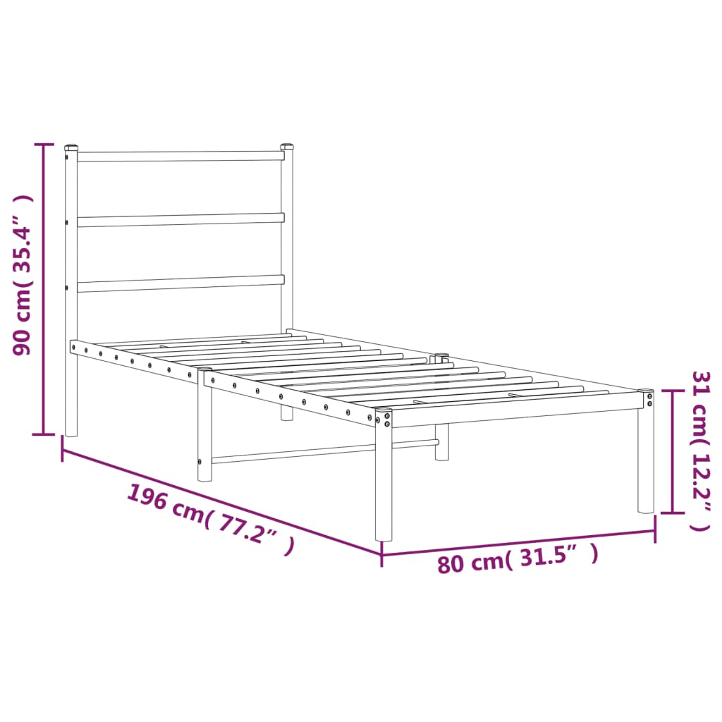 Metalni okvir krevet bez madraca s uzglavljem bijeli 75x190 cm