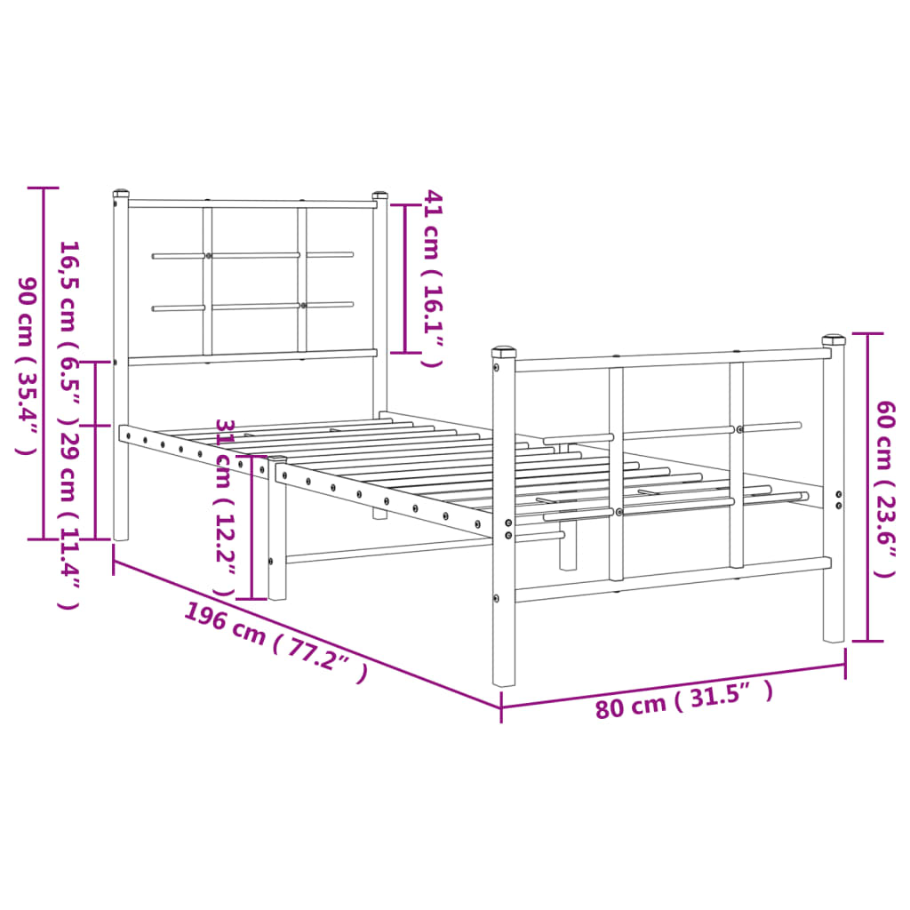 Metalni okvir kreveta uzglavlje i podnožje crni 75x190 cm