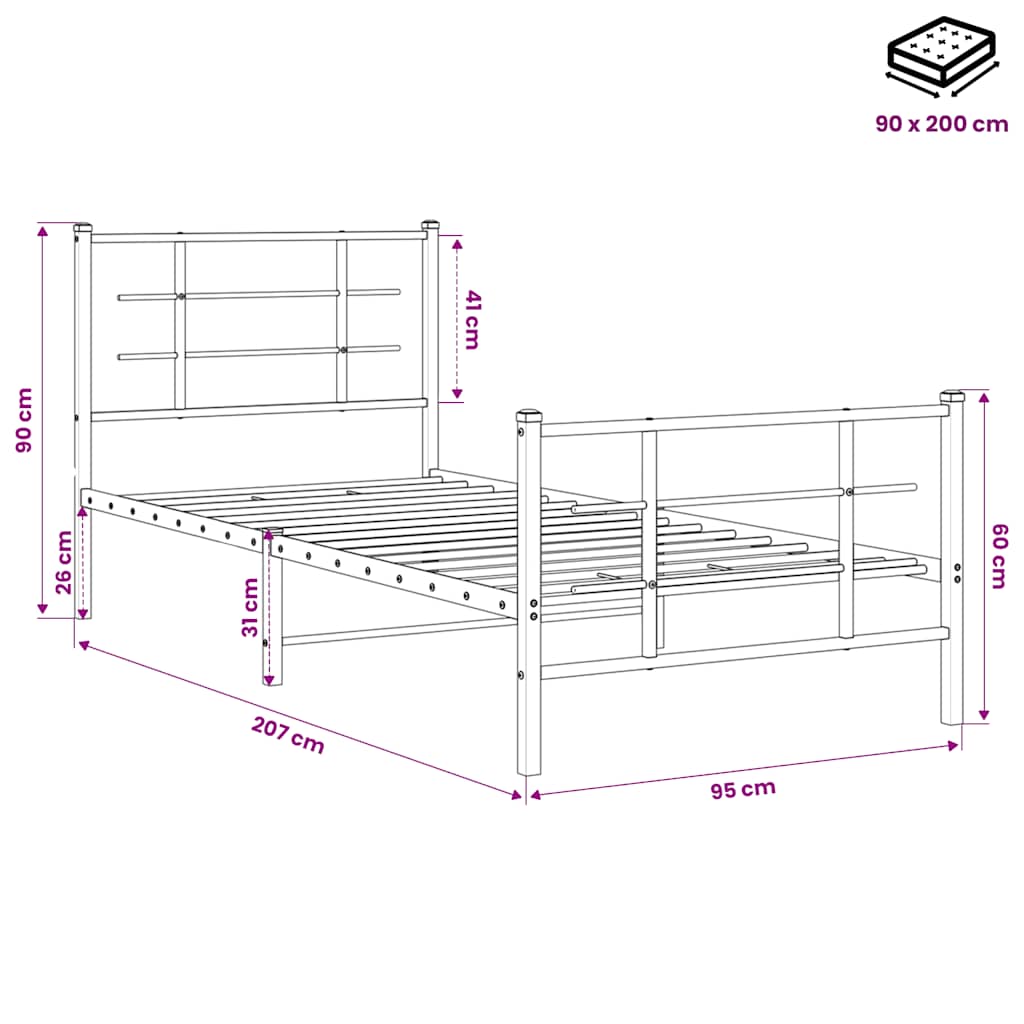 Metalni okvir kreveta uzglavlje i podnožje crni 90 x 200 cm