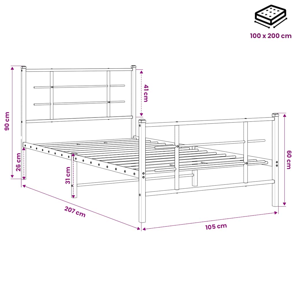 Metalni okvir kreveta uzglavlje i podnožje crni 100x200 cm