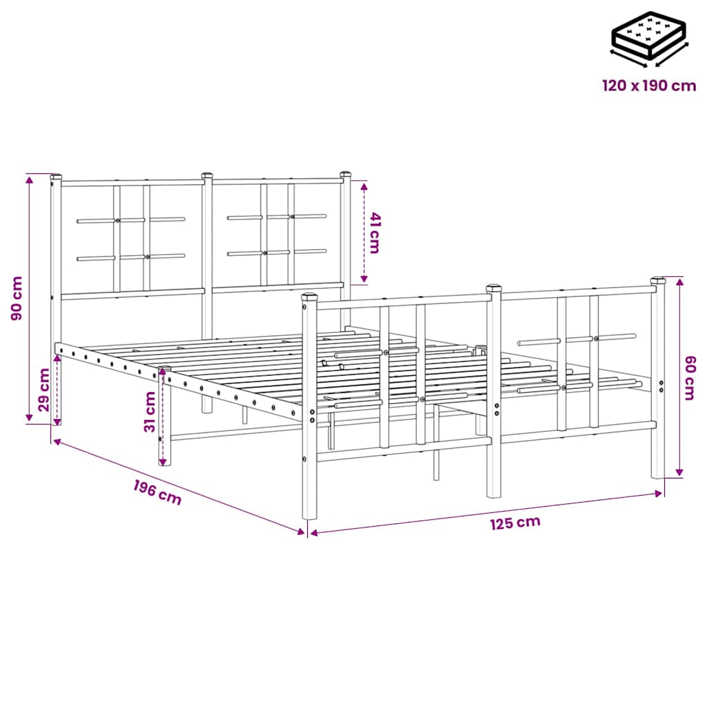Metalni okvir kreveta uzglavlje i podnožje crni 120x190 cm