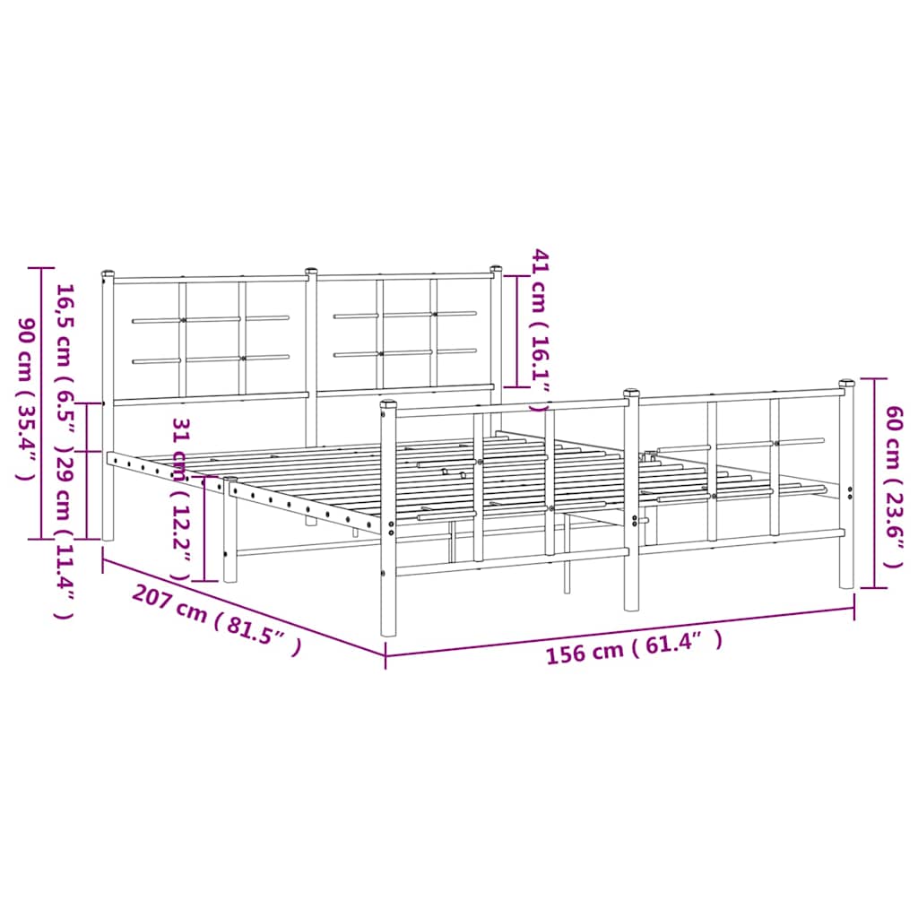 Metalni okvir kreveta uzglavlje i podnožje crni 150x200 cm