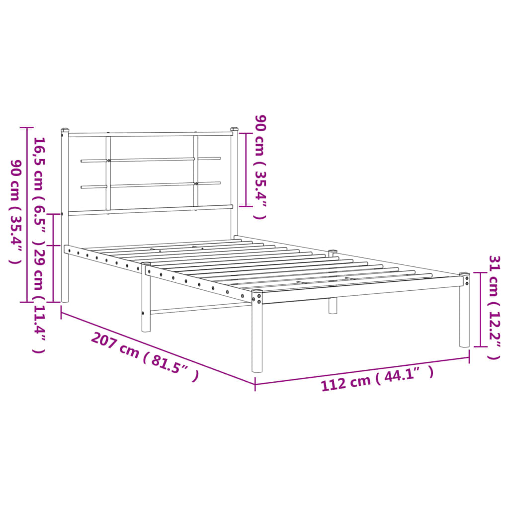 Metalni okvir za krevet s uzglavljem bijeli 107x203 cm