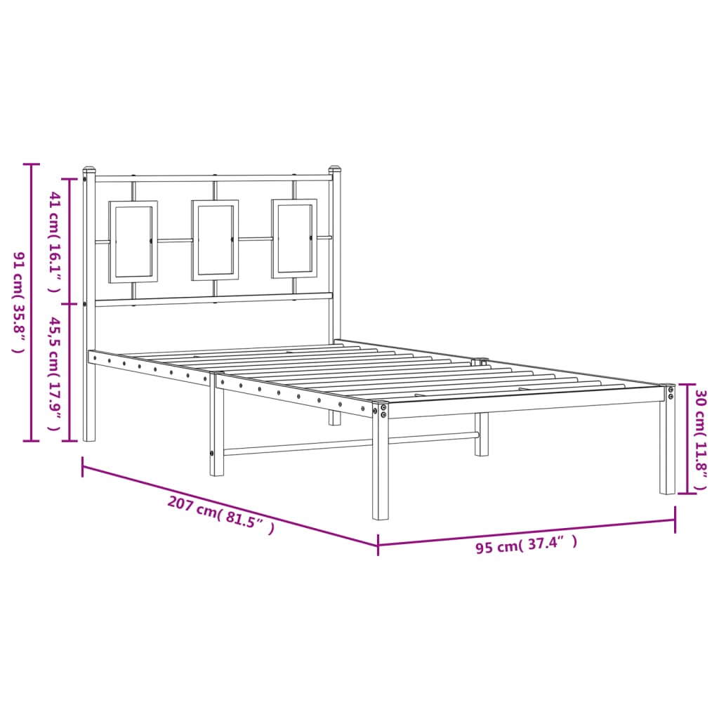 Metalni okvir za krevet s uzglavljem crni 90x200 cm