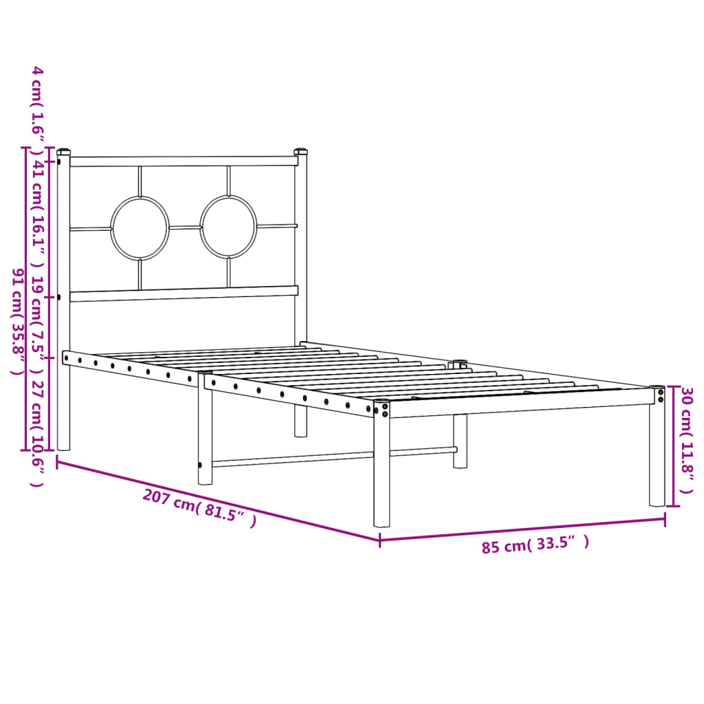 Metalni okvir za krevet s uzglavljem crni 80x200 cm