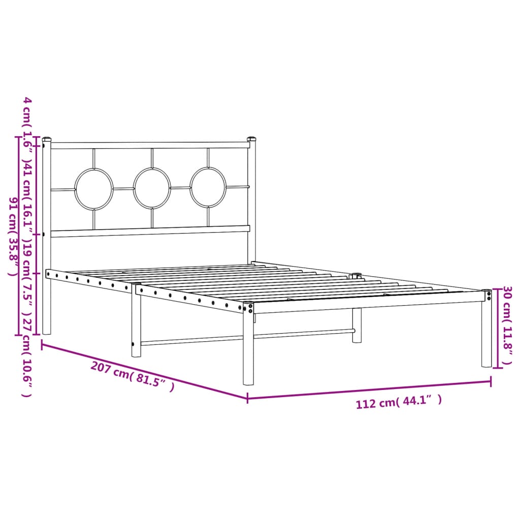 Metalni okvir za krevet s uzglavljem crni 107x203 cm