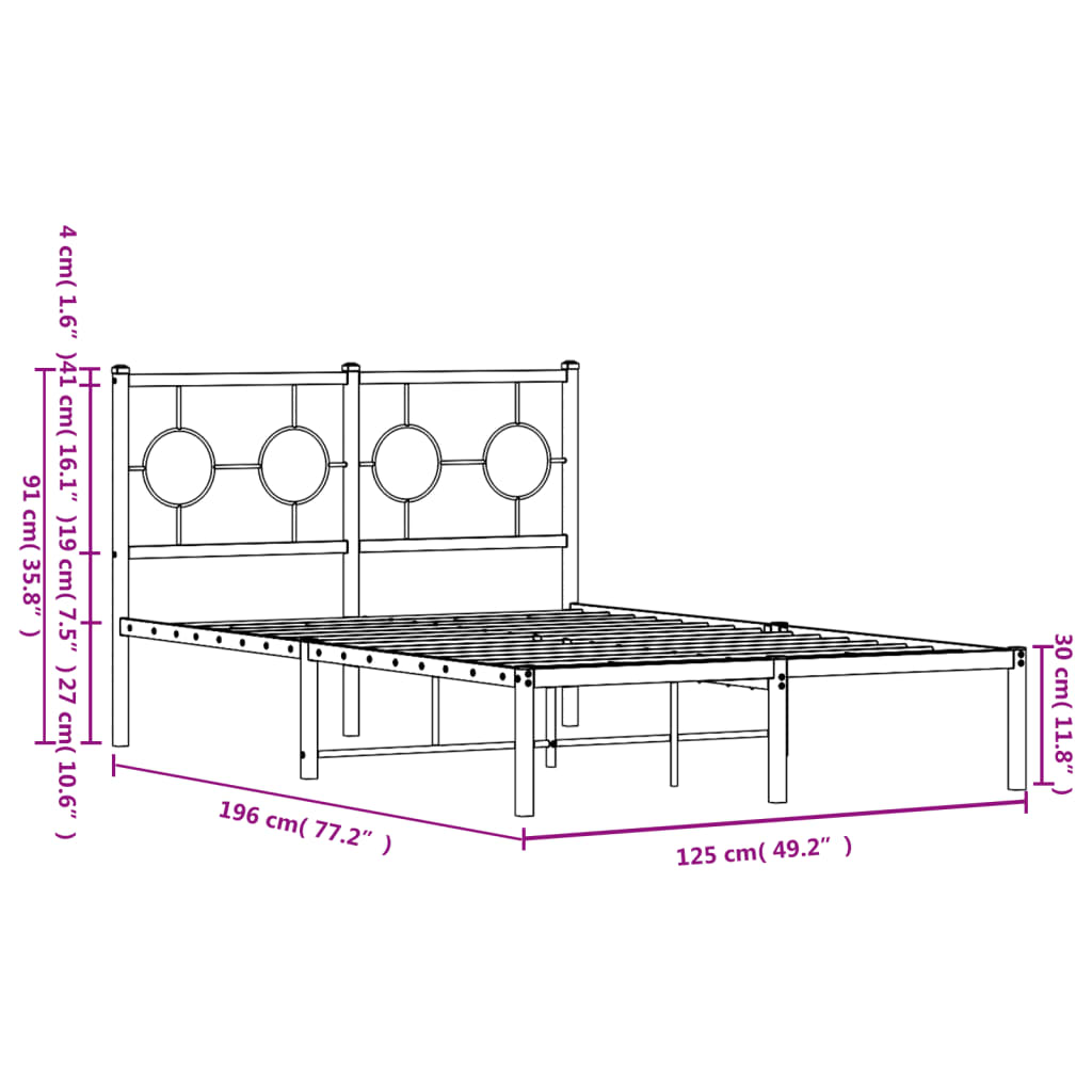 Metalni okvir za krevet s uzglavljem crni 120x190 cm
