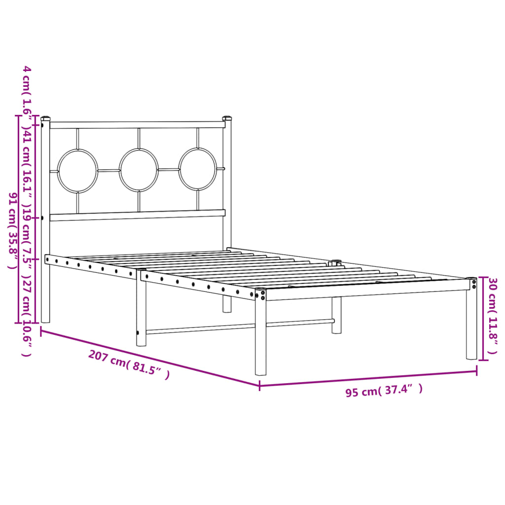 Metalni okvir za krevet s uzglavljem bijeli 90x200 cm