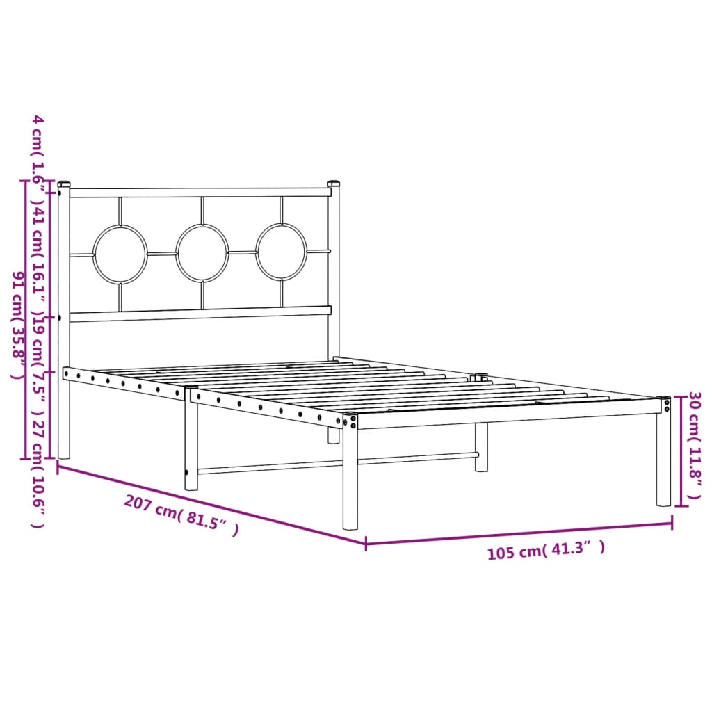 Metalni okvir za krevet s uzglavljem bijeli 100x200 cm