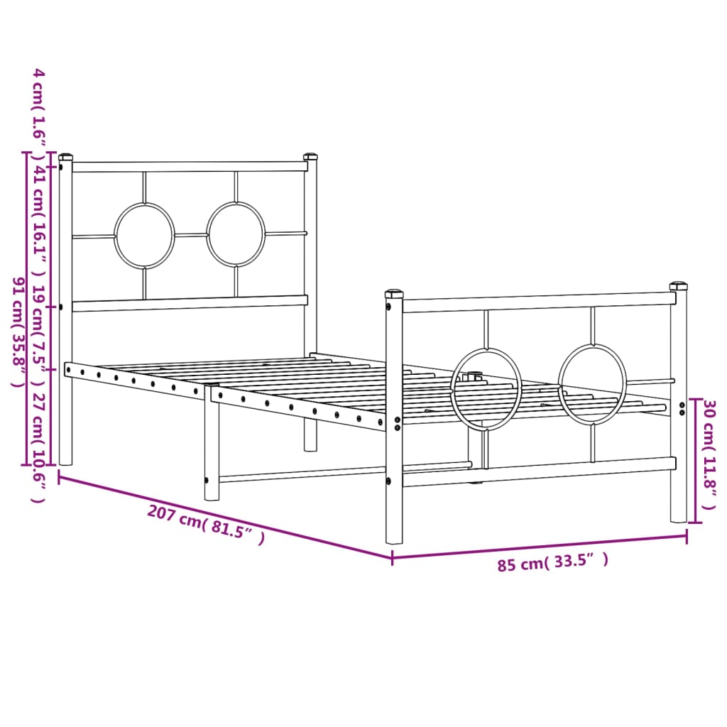 Metalni okvir kreveta uzglavlje i podnožje bijeli 80x200 cm