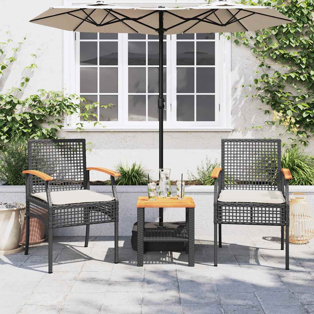 3-dijelni bistro set s jastucima poliratan i drvo bagrema crni