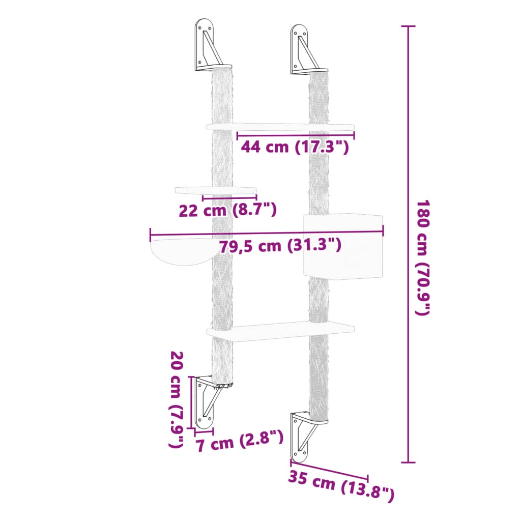 Zidna penjalica za mačke sa stupom za grebanje siva 180 cm