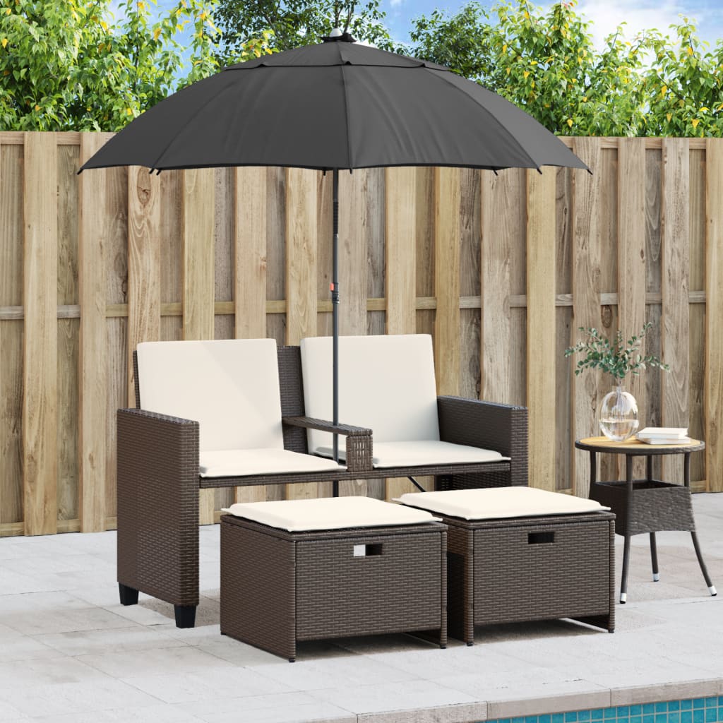 Vrtni dvosjed sa suncobranom i tabureima smeđi od poliratana