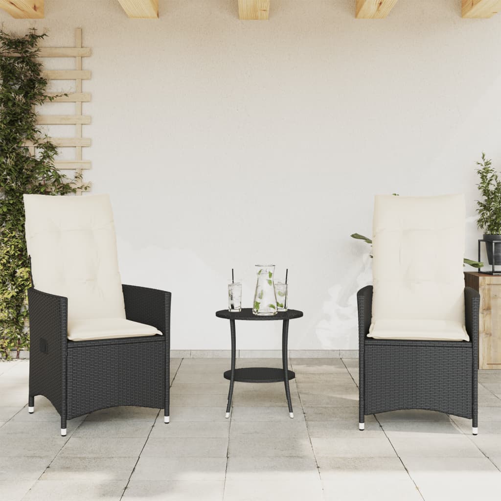 3-dijelni bistro set s jastucima crni od poliratana
