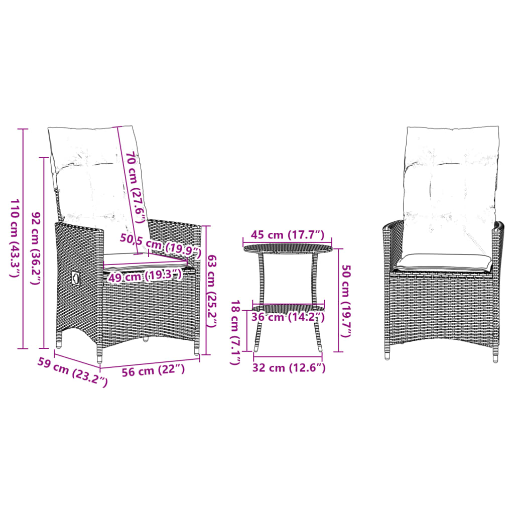 3-dijelni bistro set s jastucima crni od poliratana