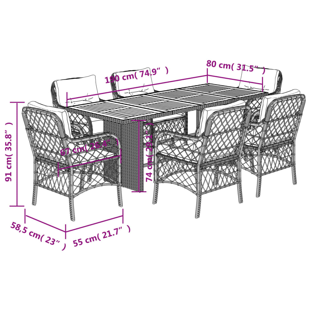 7-dijelni vrtni blagovaonski set od poliratana s jastucima bež