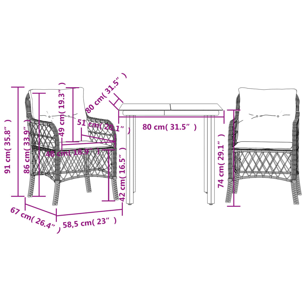 3-dijelni bistro set s jastucima crni od poliratana