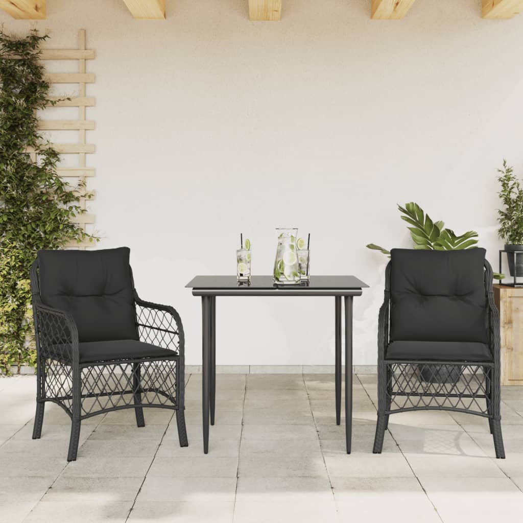 3-dijelni bistro set s jastucima crni od poliratana