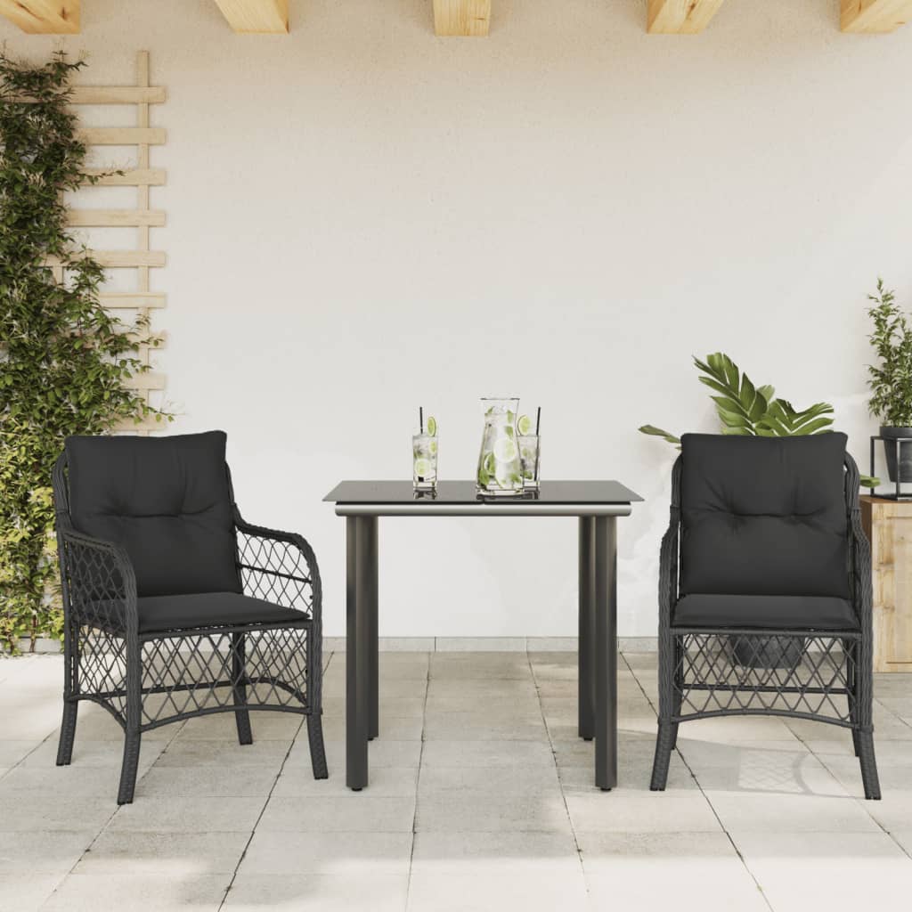 3-dijelni bistro set s jastucima crni od poliratana Crna Dužina stola 80 cm