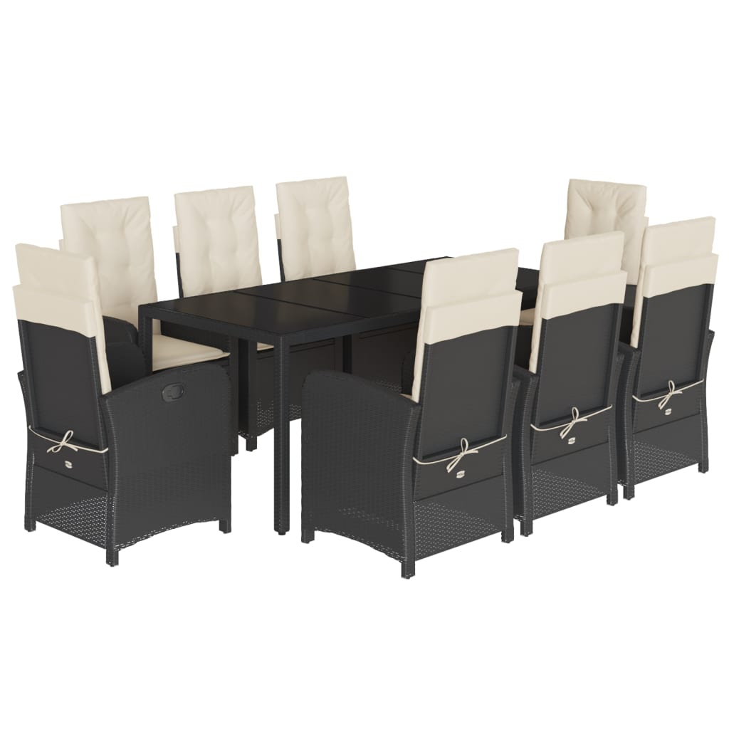 9-dijelni vrtni blagovaonski set s jastucima crni od poliratana Crna 190 cm table length