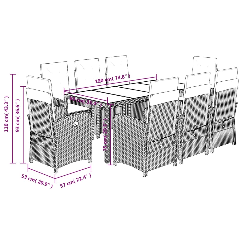 9-dijelni vrtni blagovaonski set s jastucima crni od poliratana Crna 190 cm table length
