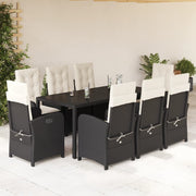 9-dijelni vrtni blagovaonski set s jastucima crni od poliratana Crna 190 cm table length
