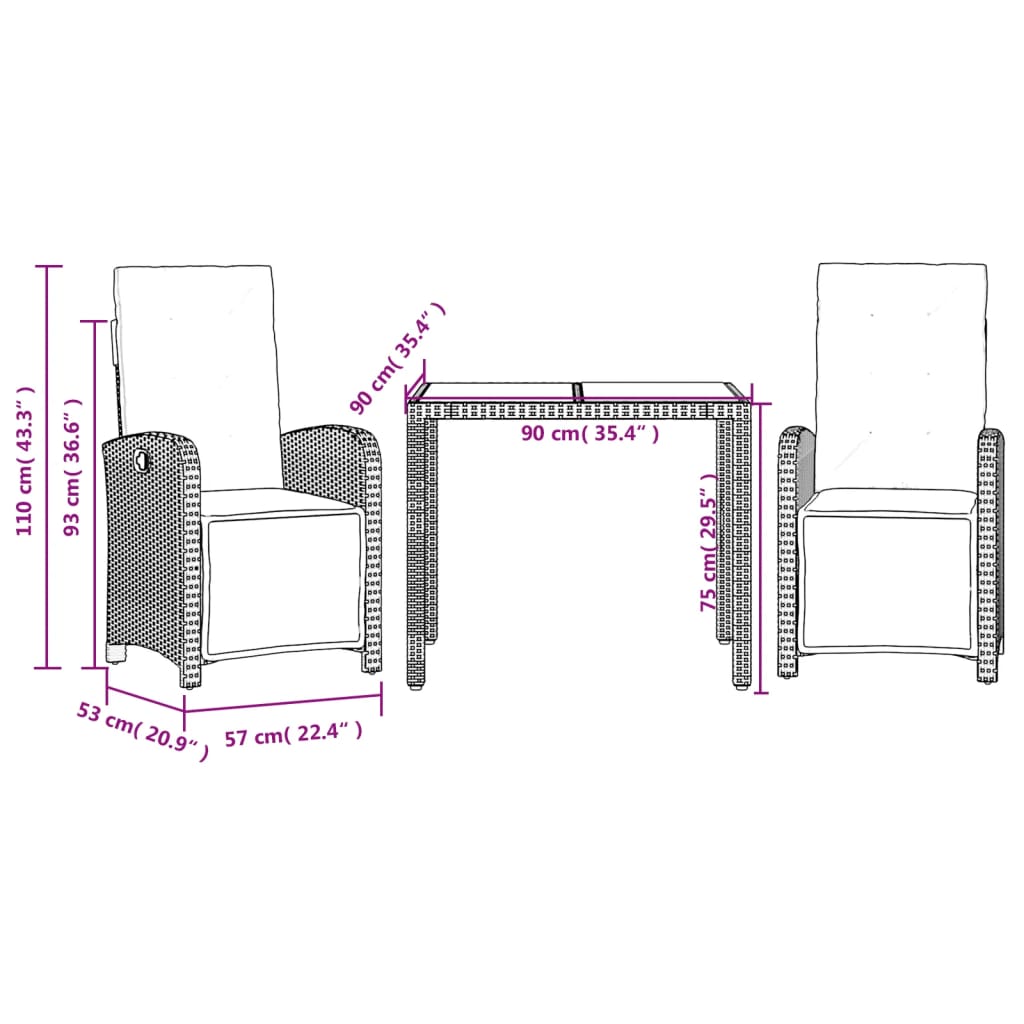 3-dijelni bistro set s jastucima crni od poliratana