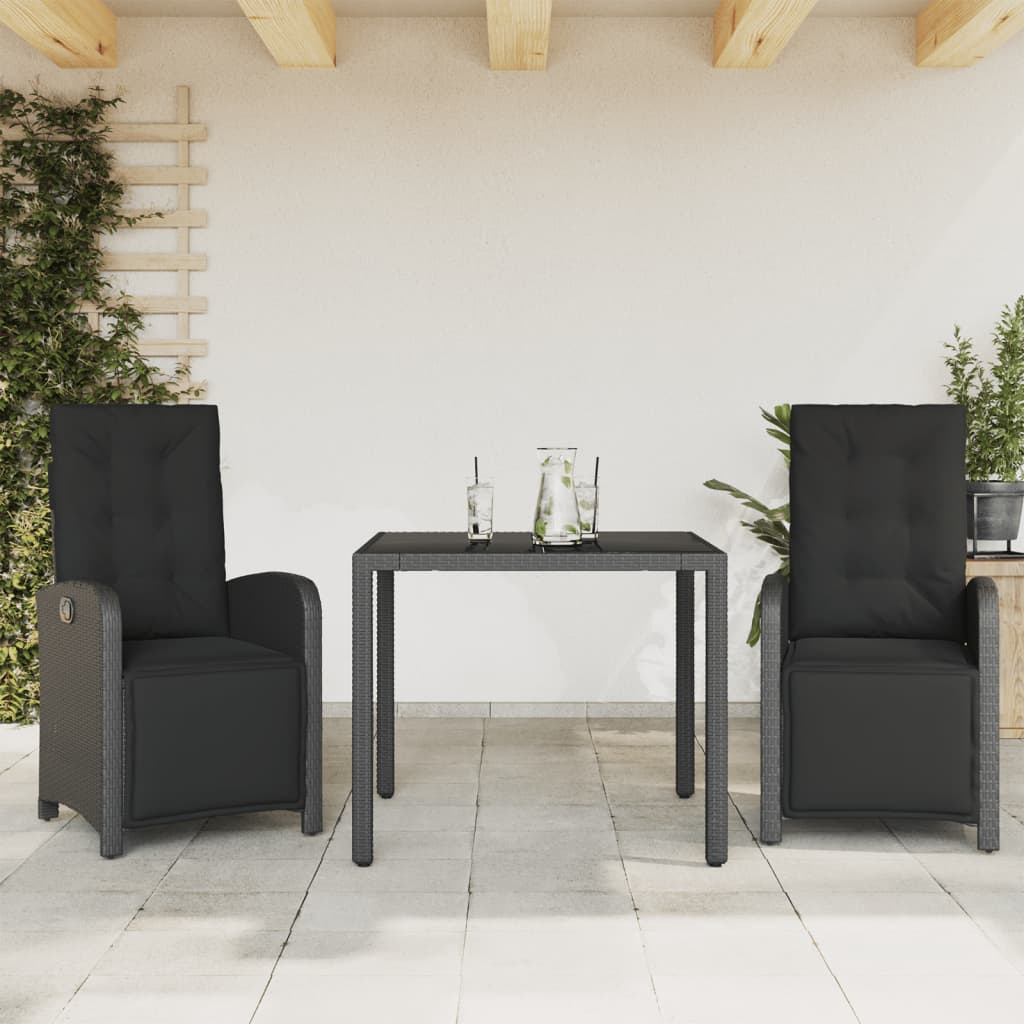 3-dijelni bistro set s jastucima crni od poliratana