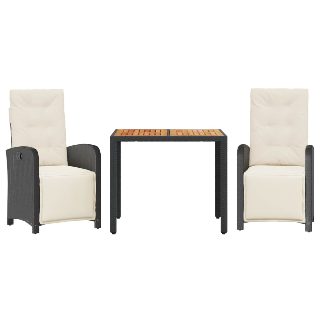 3-dijelni bistro set s jastucima crni od poliratana