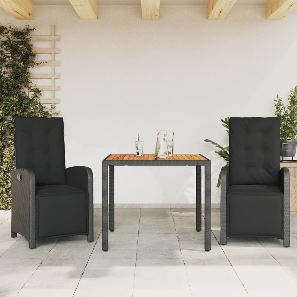 3-dijelni bistro set s jastucima crni od poliratana
