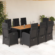 9-dijelni vrtni blagovaonski set s jastucima crni od poliratana Crna Dužina stola 190 cm