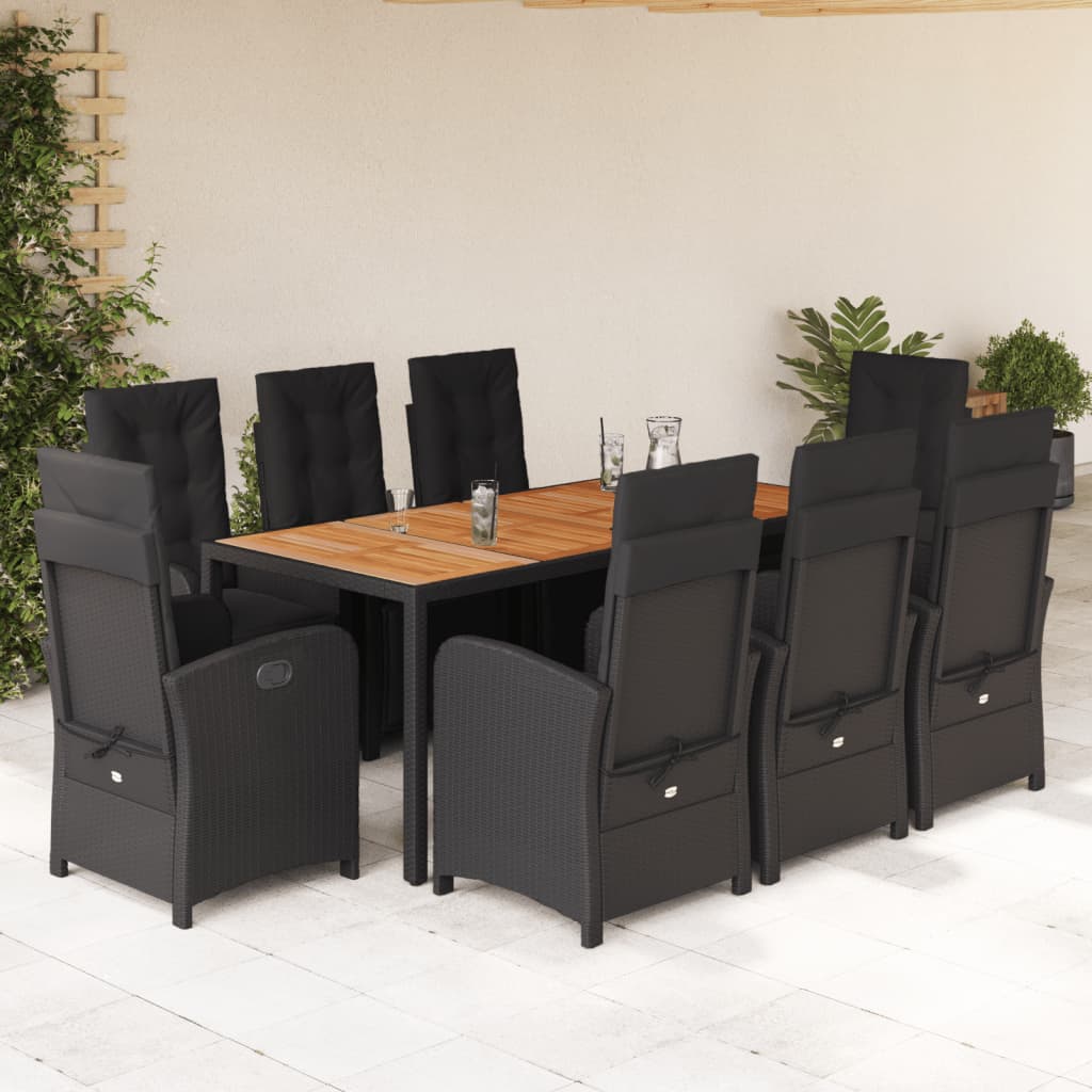 9-dijelni vrtni blagovaonski set s jastucima crni od poliratana Crna Dužina stola 190 cm
