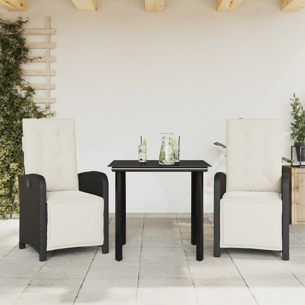 3-dijelni bistro set s jastucima crni od poliratana