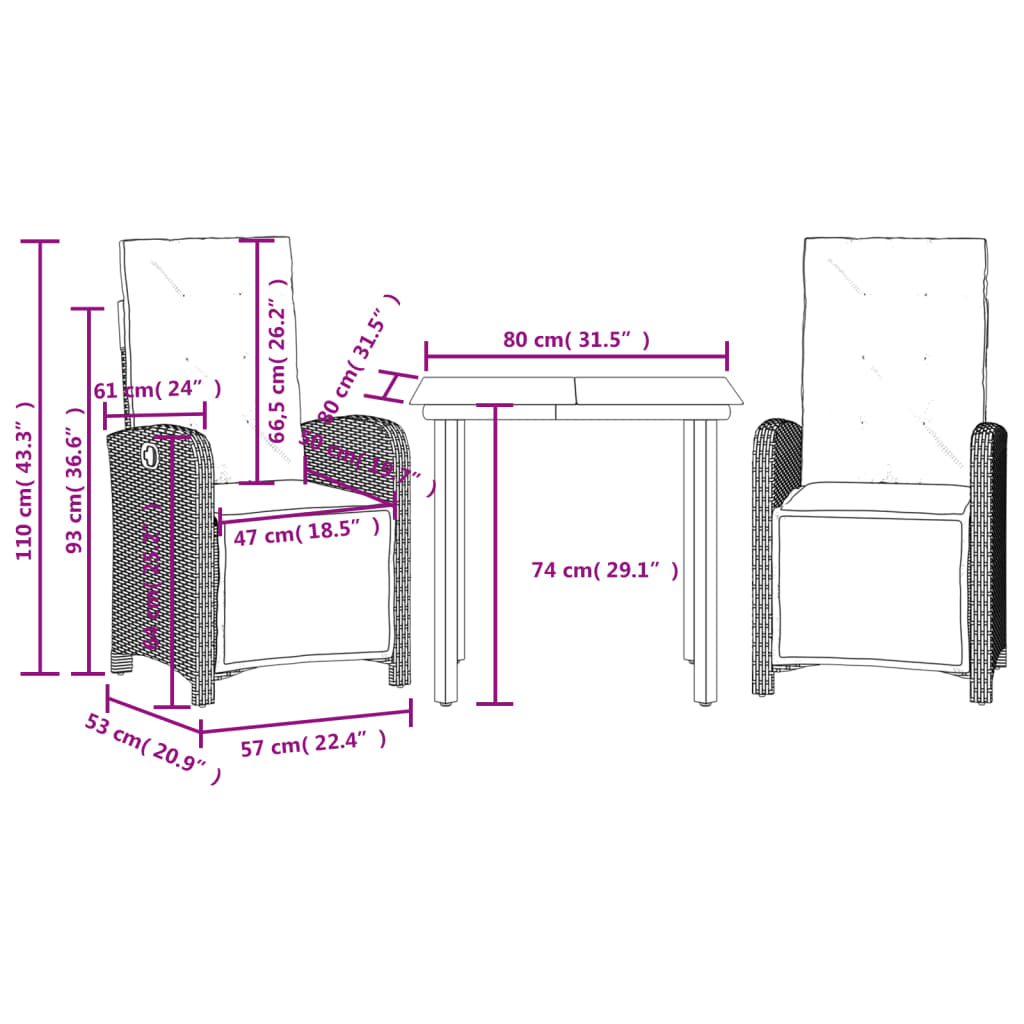 3-dijelni bistro set s jastucima smeđi od poliratana
