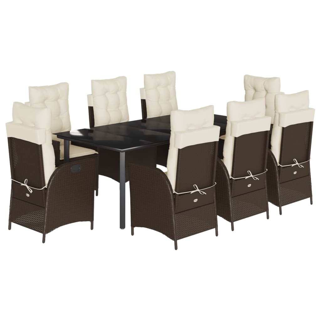9-dijelni vrtni blagovaonski set s jastucima poliratan smeđi Smeđa 200 x 100 x 74 cm