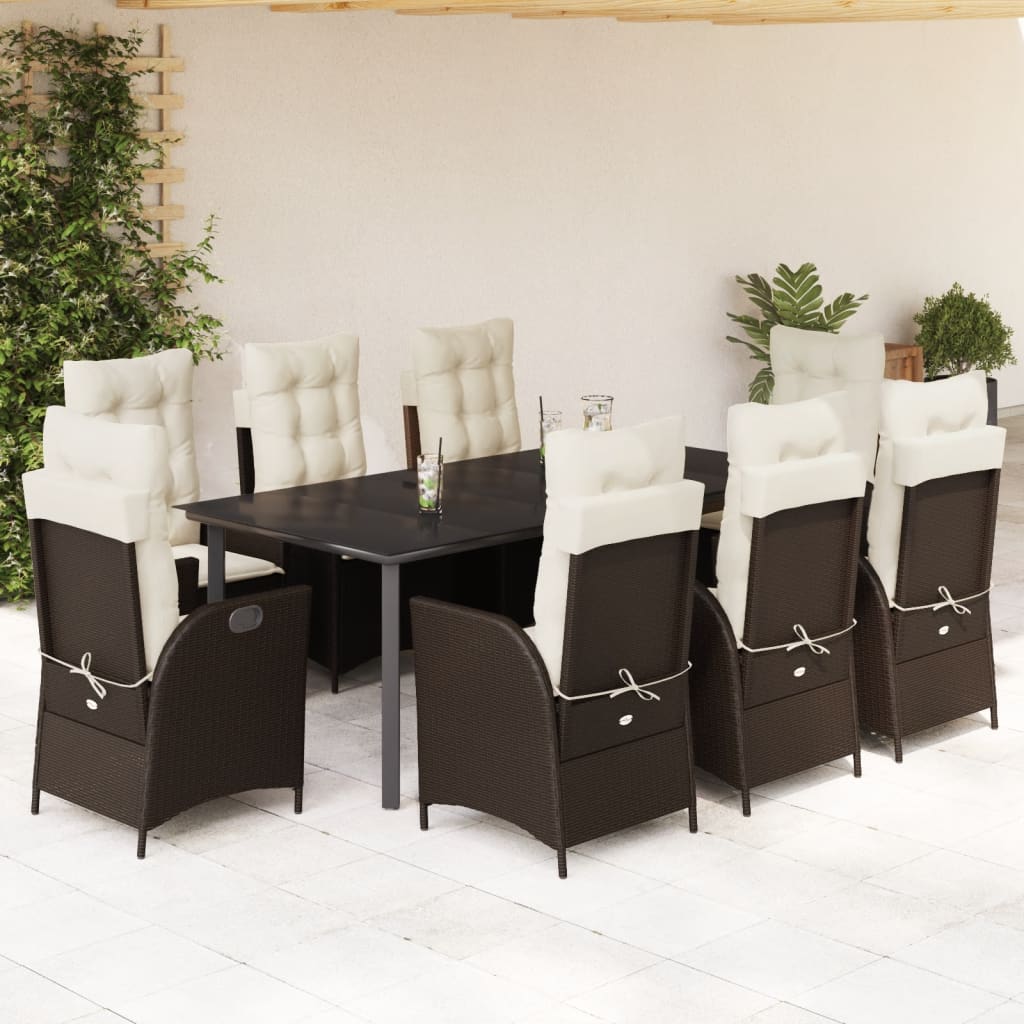 9-dijelni vrtni blagovaonski set s jastucima poliratan smeđi Smeđa 200 x 100 x 74 cm