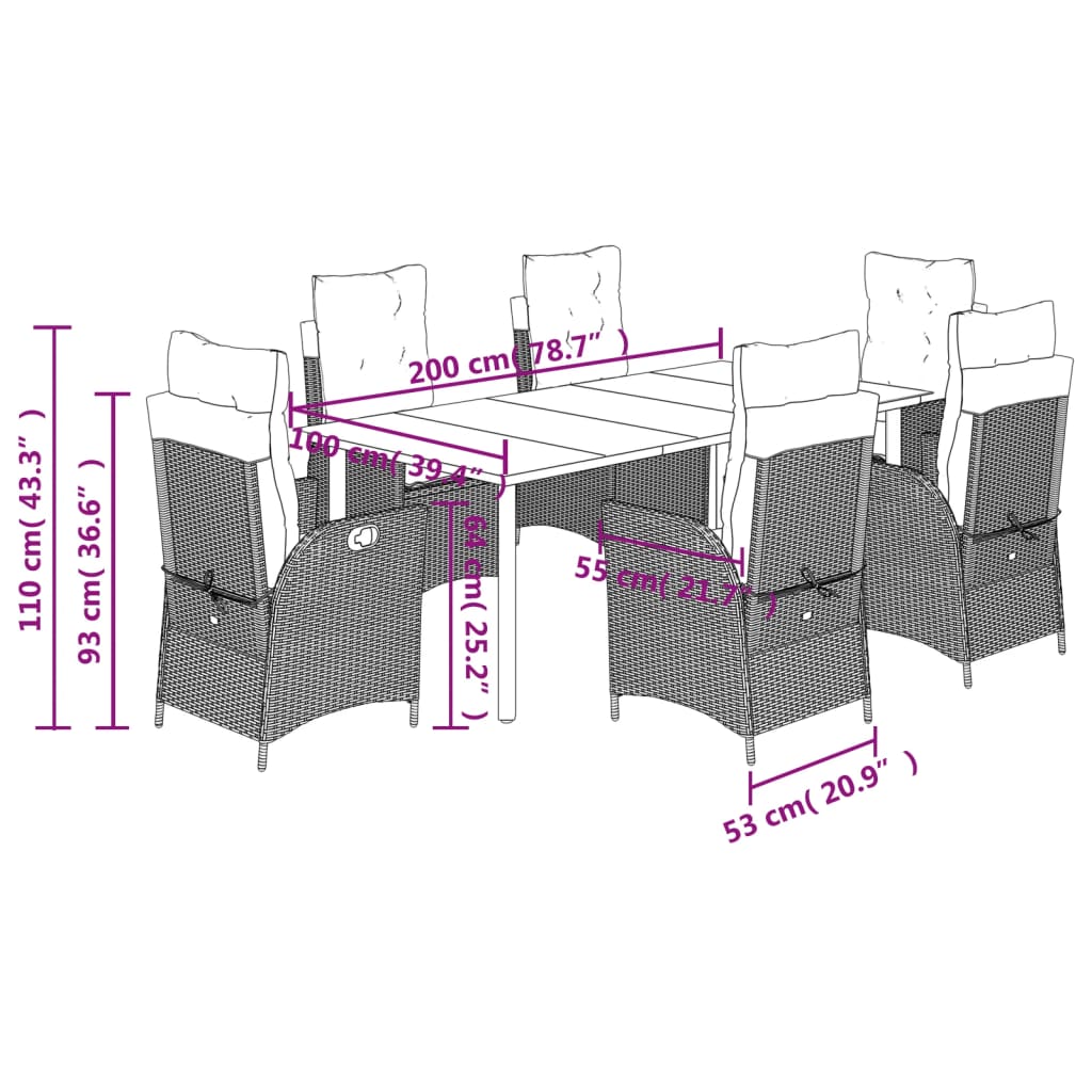 7-dijelni vrtni blagovaonski set od poliratana s jastucima sivi