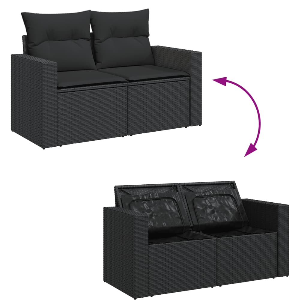 Vrtna sofa s jastucima za 2 osobe, crna, poli ratan