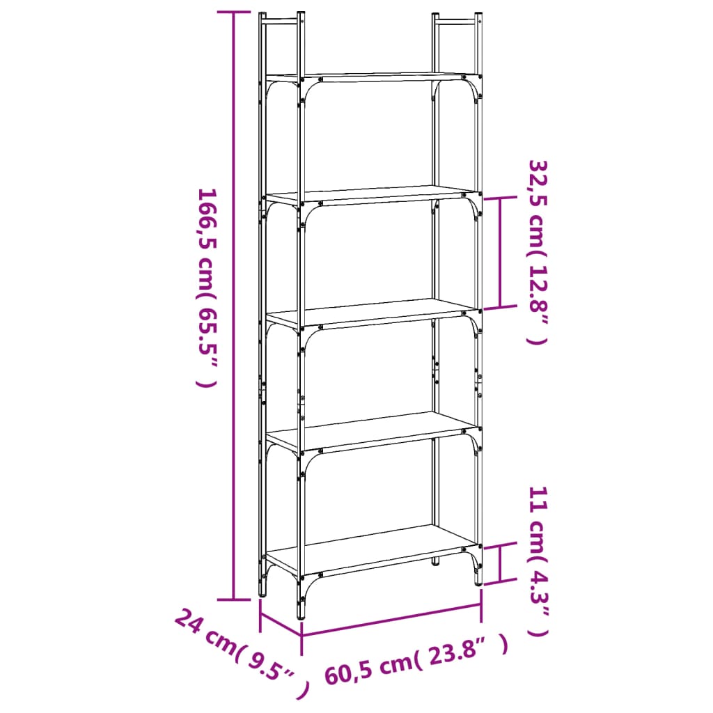 Police za knjige 5 razina boja hrasta 60,5x24x166,5 cm drvene