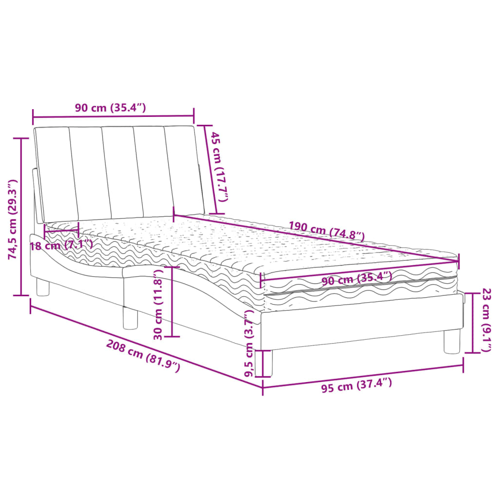 Krevet s madracem Hanko svjetlosivi 90x190 cm baršunasti