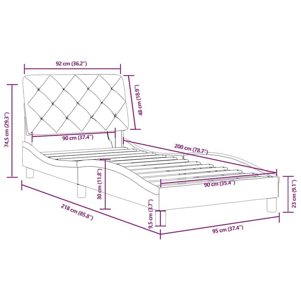 Okvir kreveta s LED-om bez madraca tamnozeleni 90x200 cm baršunasti