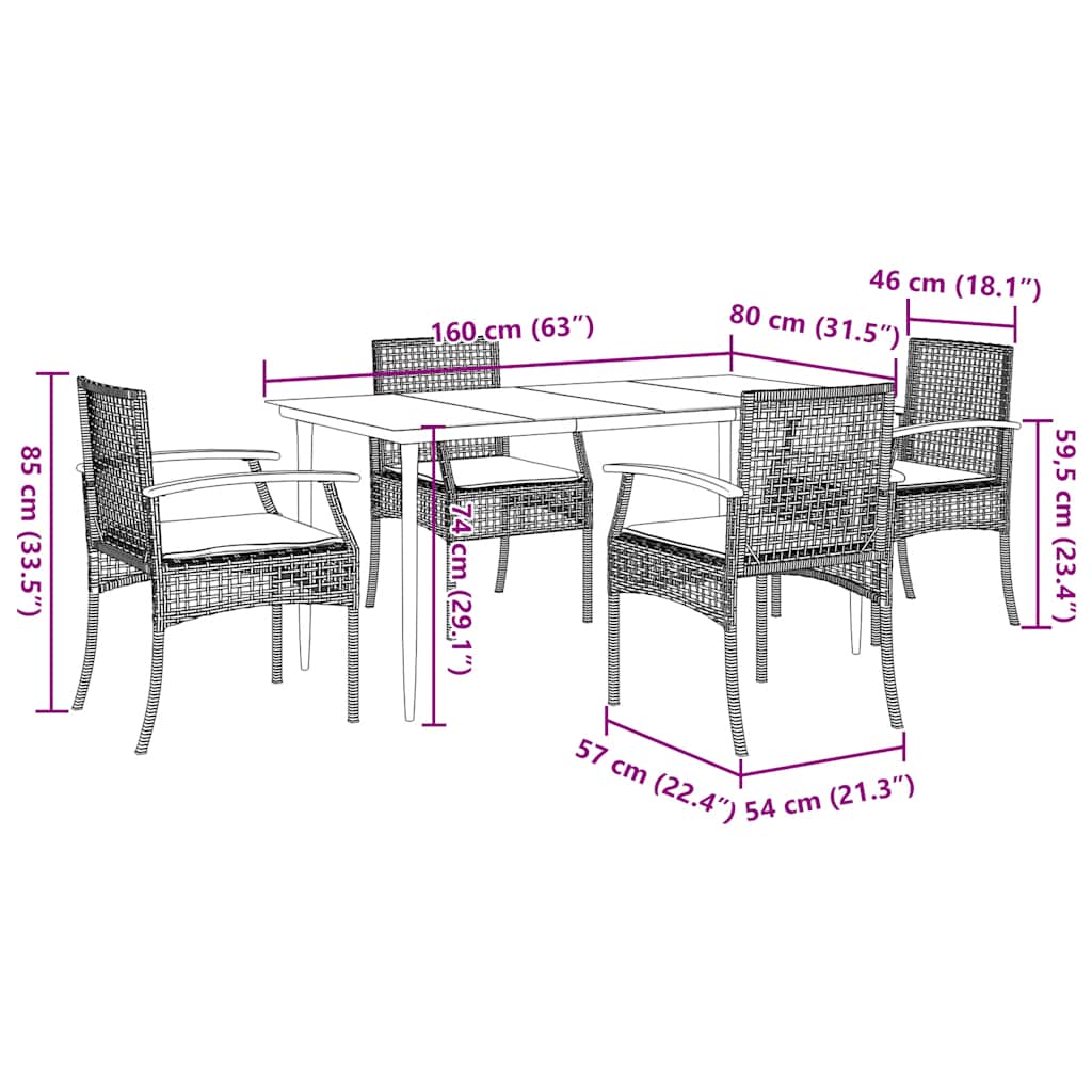 5-dijelni vrtni blagovaonski set sivi od poliratana Siva 160 x 80 x 74 cm