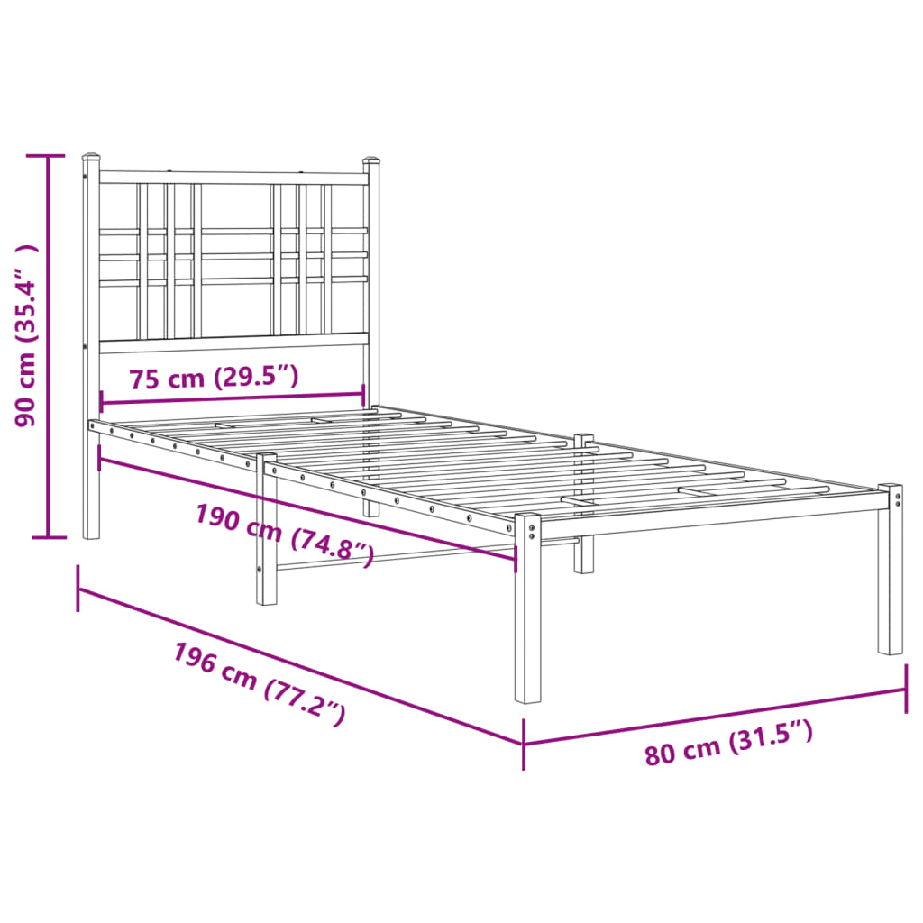Metalni okvir kreveta uzglavlje i podnožje crni 75x190 cm