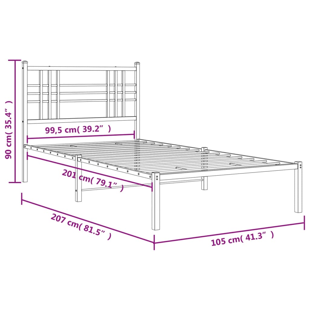 Metalni okvir za krevet s uzglavljem bijeli 100x200 cm