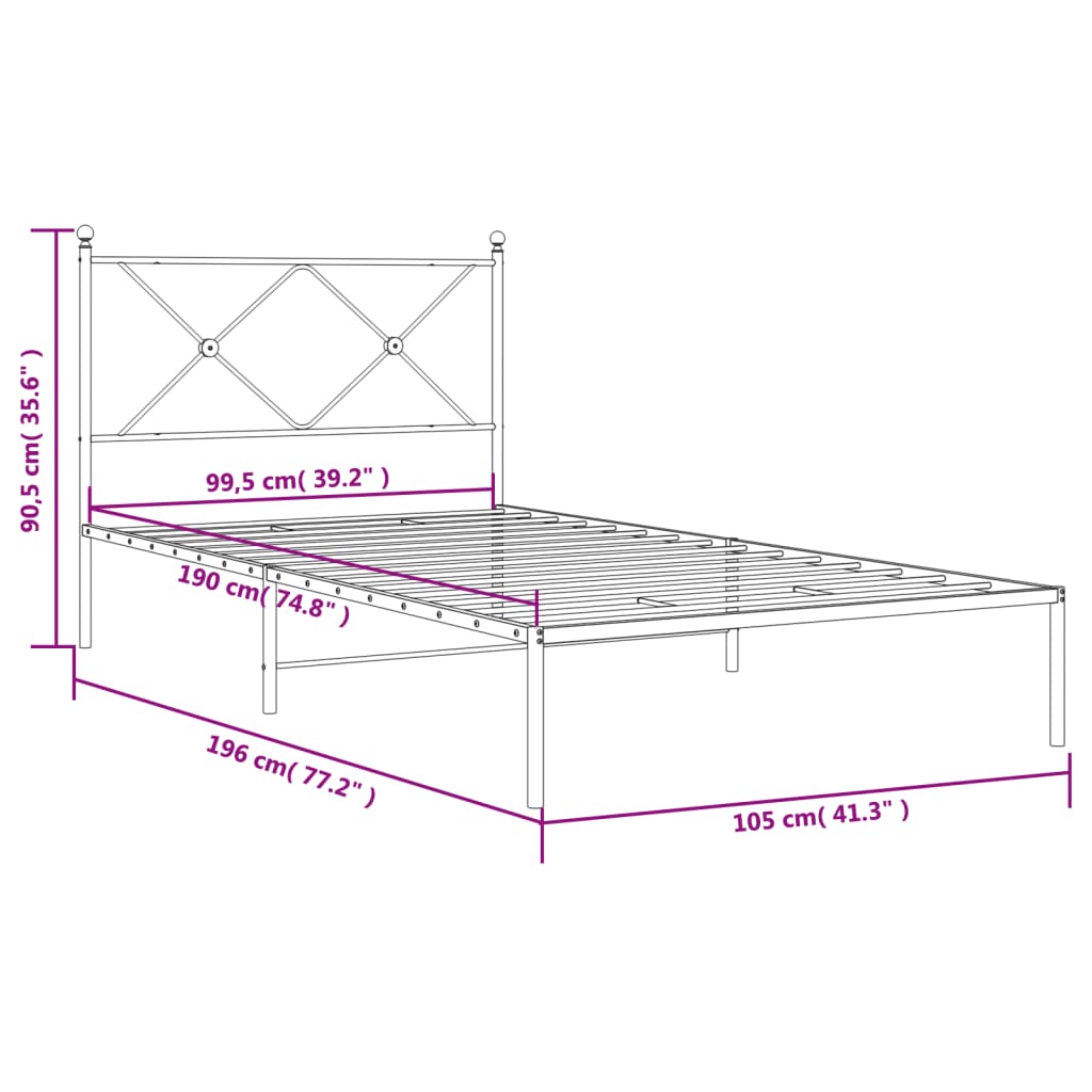 Metalni okvir za krevet s uzglavljem crni 100x190 cm