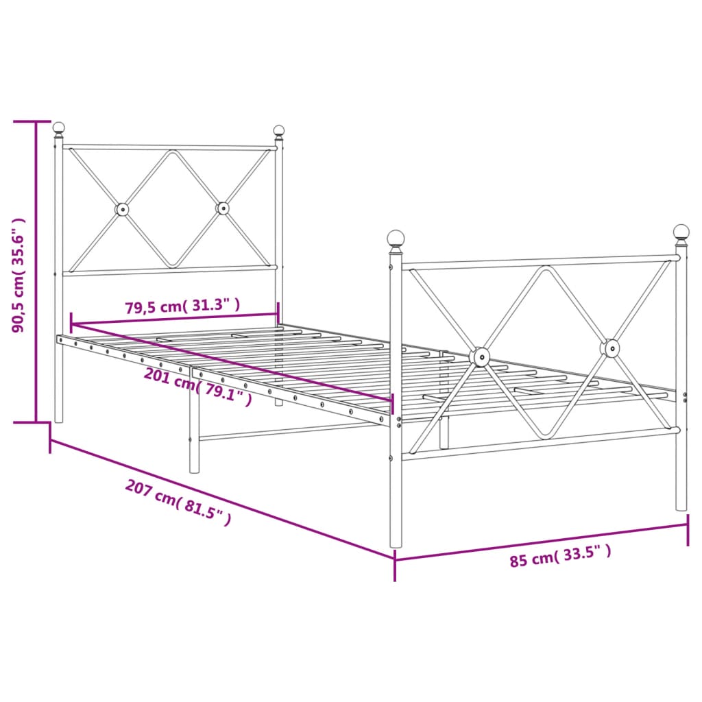 Metalni okvir kreveta uzglavlje i podnožje crni 80x200 cm