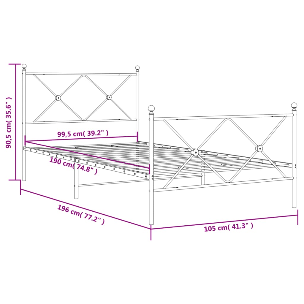 Metalni okvir kreveta uzglavlje i podnožje crni 100x190 cm