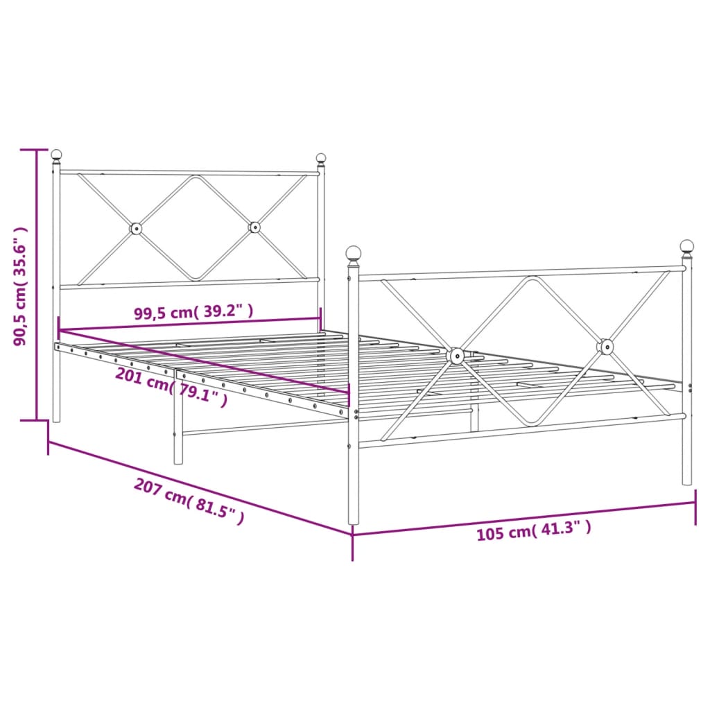 Metalni okvir kreveta uzglavlje i podnožje crni 100x200 cm