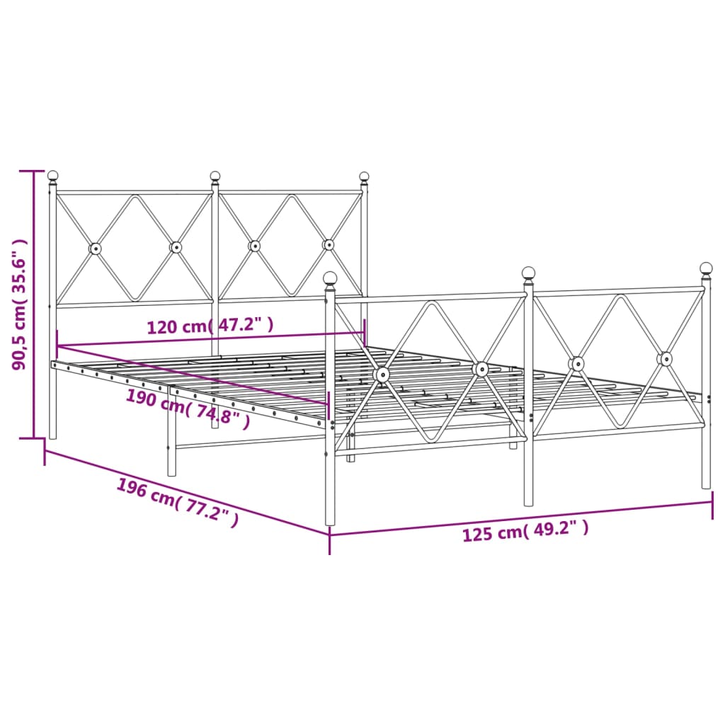 Metalni okvir kreveta uzglavlje i podnožje crni 120x190 cm